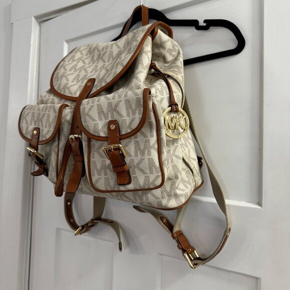 Michael Kors Monogram Canvas Backpack With Leather Trim & Gold Accents - Picture 2 of 12